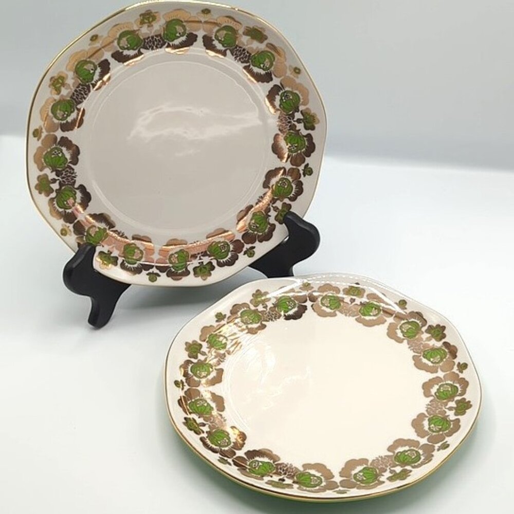 Anthropologie Set of 2 Salad Plates Green & Gold Floral 8.25"